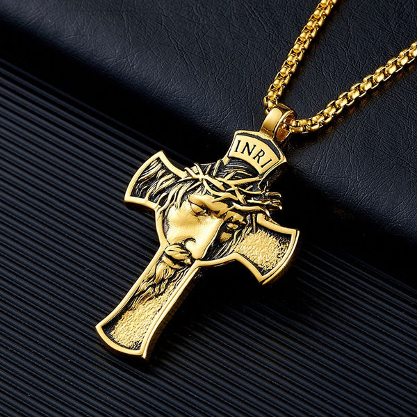 Collar con colgante de cruz de Jesús, de acero inoxidable y titanio, estilo hip hop