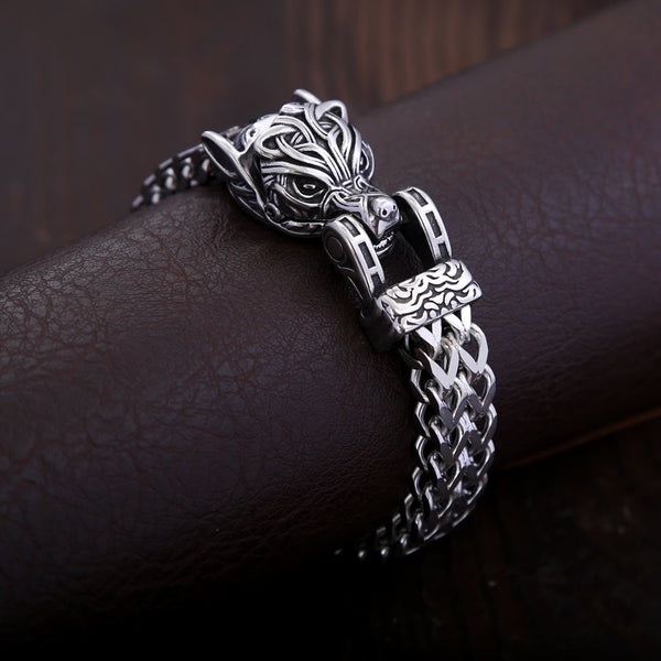 Pulseras de moda vintage con cabeza de lobo vikingo, de acero inoxidable 316L, de doble capa con diseño de animal.