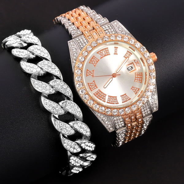 Men Watch Luxury Fashion Bling CZ Gold Watches Quartz Clock