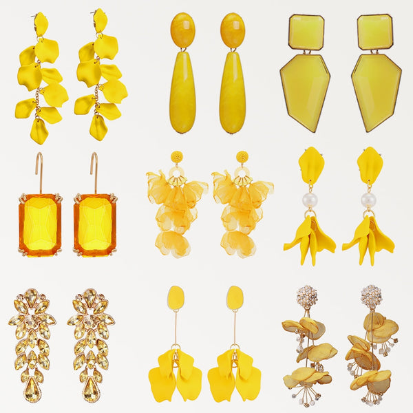 Pendientes largos colgantes de pétalos de rosa de acrílico y cristal amarillo para mujer