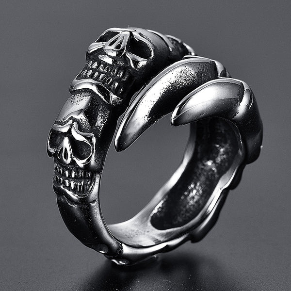 Anillo gótico de calavera con garra de dragón para hombre