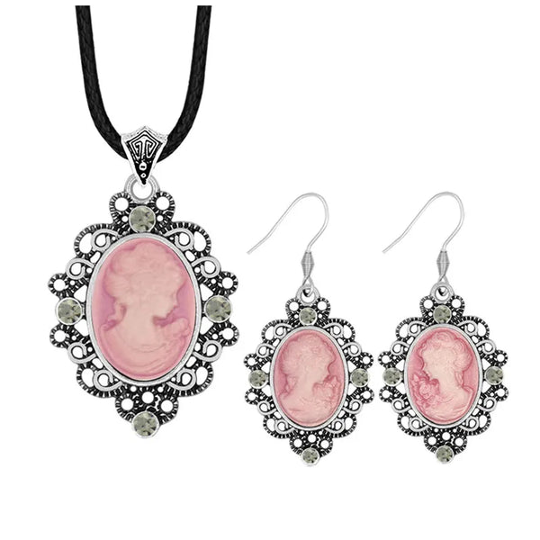 Conjunto de joyería con collar y pendientes de camafeo de Lady Queen, colgante de flor artesanal retro