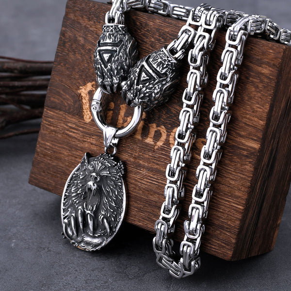 Collar con colgante de cabeza de lobo vikingo y garra de oso para hombre