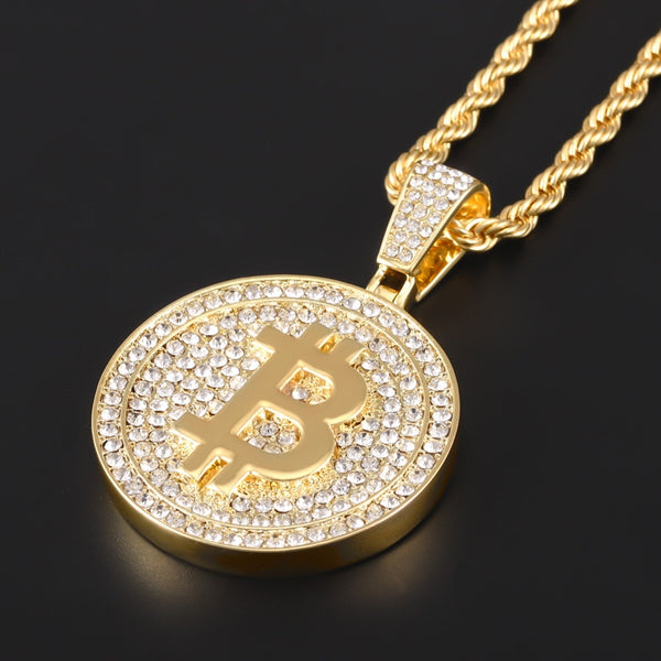 Men Hip Hop Bitcoin Pendant Necklace with 4mm Zircon Tennis Chain