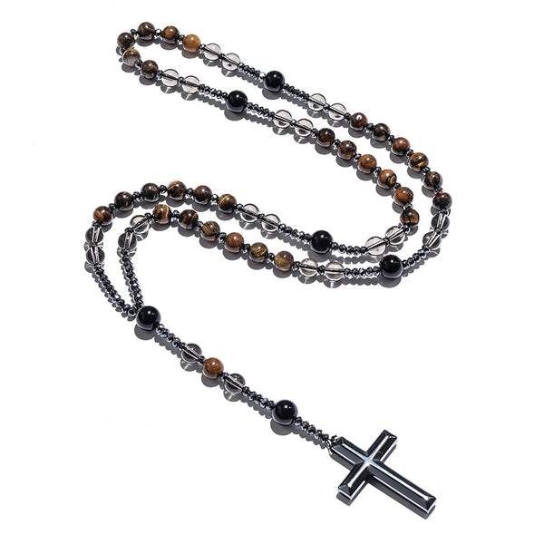 Collar con colgante de cruz de rosario cristiano católico con cuentas de cuarzo ahumado y ojo de tigre natural