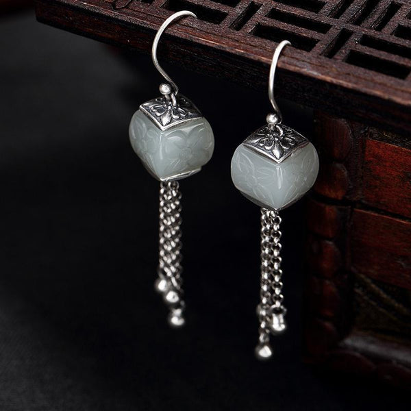 retro style inlaid Hetian white jade pattern tassels for ladies high-end earrings