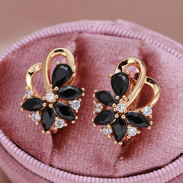 Pendientes colgantes de lujo con flores geométricas y circonita negra para mujer