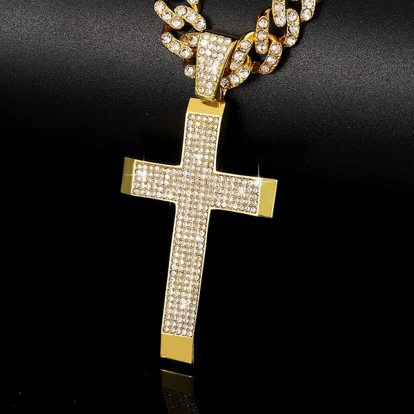 Hip Hop Luxury Rhinestone Big Cross Pendant Cuban Necklace For Women