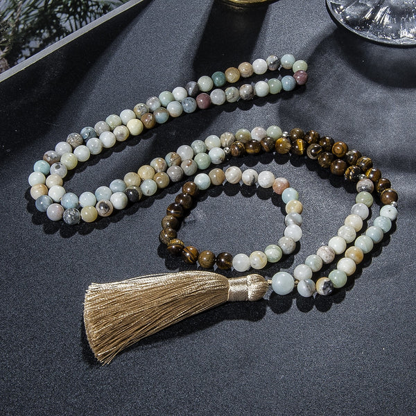 8mm Tiger Eye Amazonite Beaded Necklace Set Meditation Yoga Prayer Rosary 108 Mala