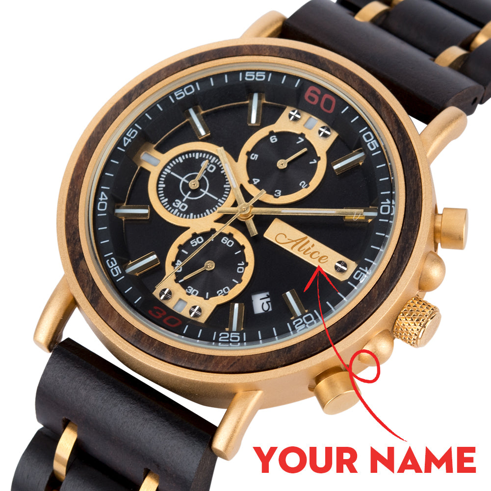 Wood Military Stainless Steel Customize Name Chronograph Wristwatch
