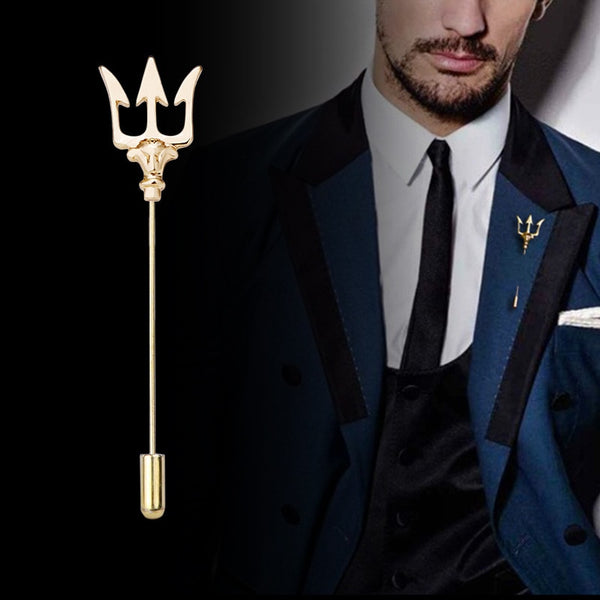High-end Vintage Trident Brooch Metal Long Needle Lapel Pins Men Suit Jewelry S