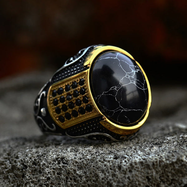 Anillo de moda vintage con piedra negra ovalada y dominante