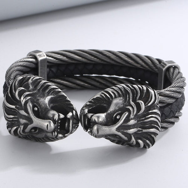 Brazalete abierto con cabeza de león gótica para hombre