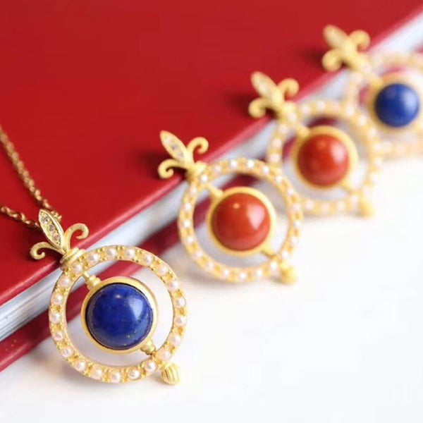 Collar para mujer con colgante de perla giratoria de turmalina y lapislázuli de diseño original