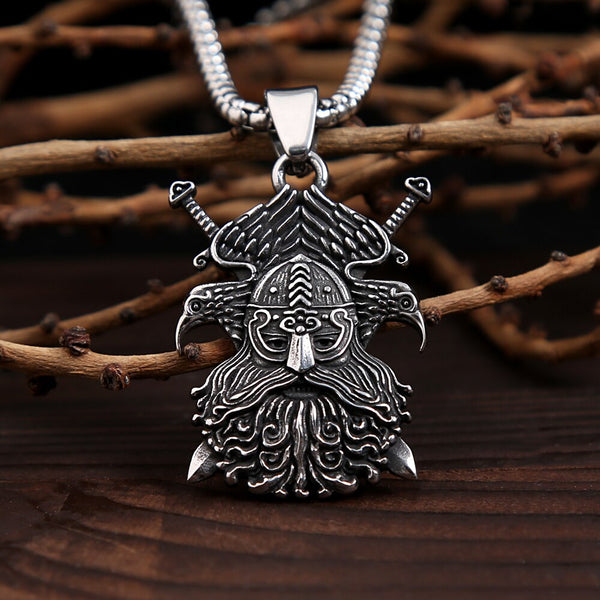 Collar con colgante de cuervo de Odín con hacha doble nórdica, collar de acero inoxidable con guerrero vikingo