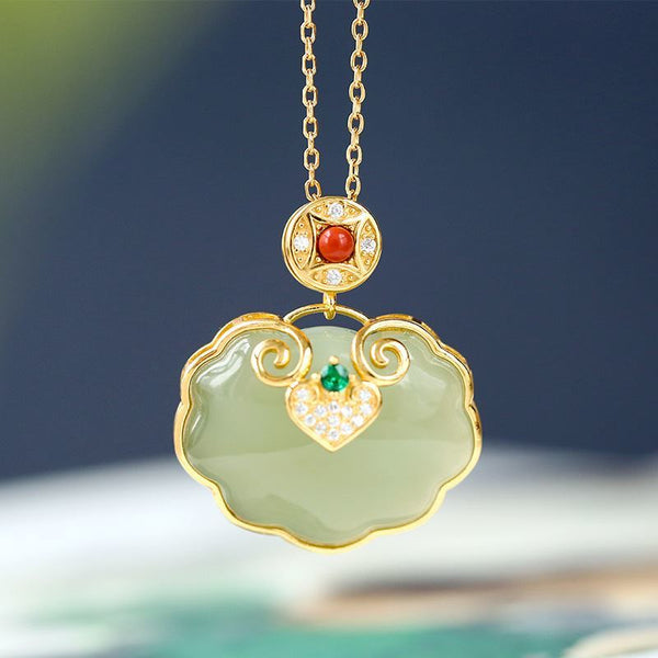Collar con colgante geométrico de cristal de turmalina roja del sur con incrustaciones de plata y jaspe de Hetian
