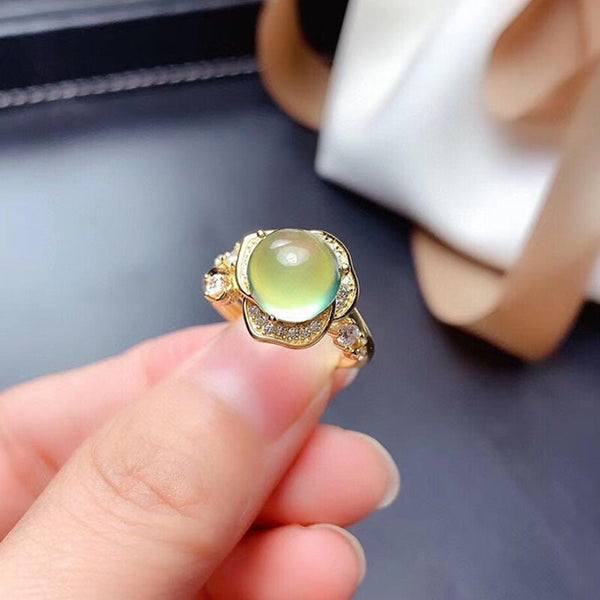 Natural prehnite egg noodle craft flower ladies ring