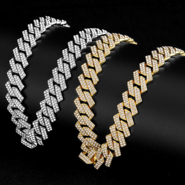Hip Hop AAA+ 16MM Prong Cuban Chain Rhinestone Zircon Paved Necklaces Bracelets