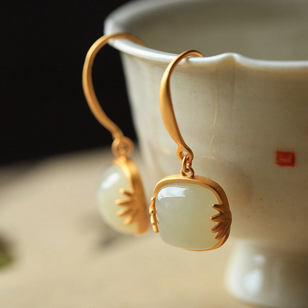 Pendientes cuadrados de hoja de bambú de jade natural Hotan de Ancient Gold Craft para mujer