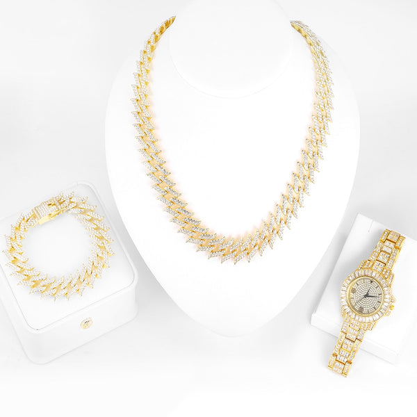 New Hip Hop 16MM Cuba Necklace With Bracelet+Luxury Watch 3PCS KIT