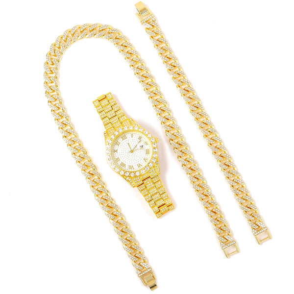 Collar + Reloj + Pulsera Hip Hop Miami Curb Cadena Cubana