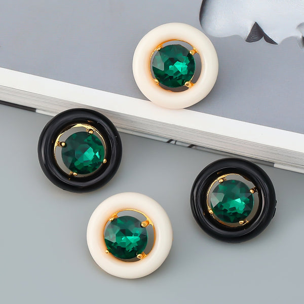 Pendientes geométricos de metal verde con diamantes de imitación para mujer