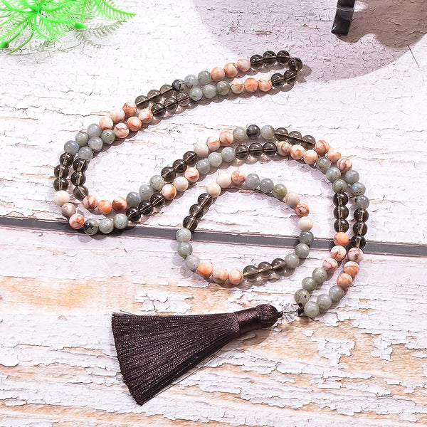 Conjunto de joyería con collar y pulsera de mala 108 con cuentas de cuarzo ahumado y labradorita de 8 mm