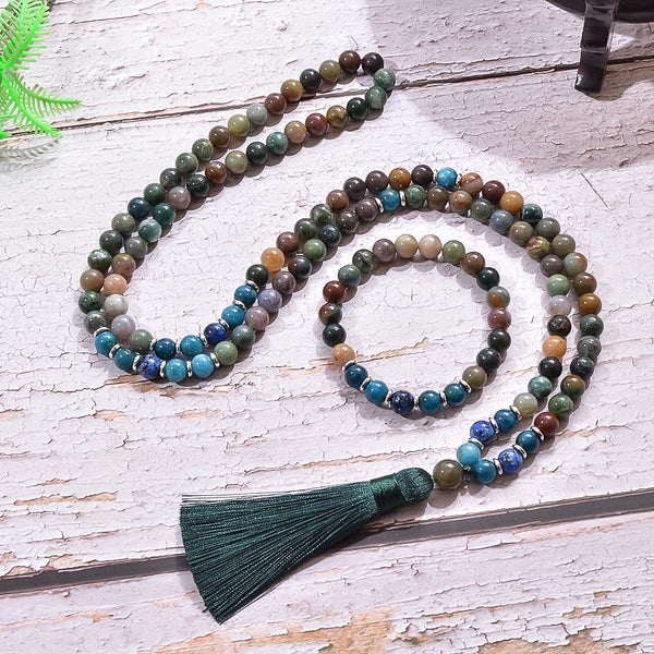 Conjunto de collar y pulsera de japamala con cuentas de ágata india, apatita y lapislázuli de 8 mm