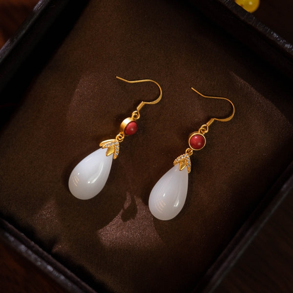 New in Long Natural Hotan White Jade Earrings for Women