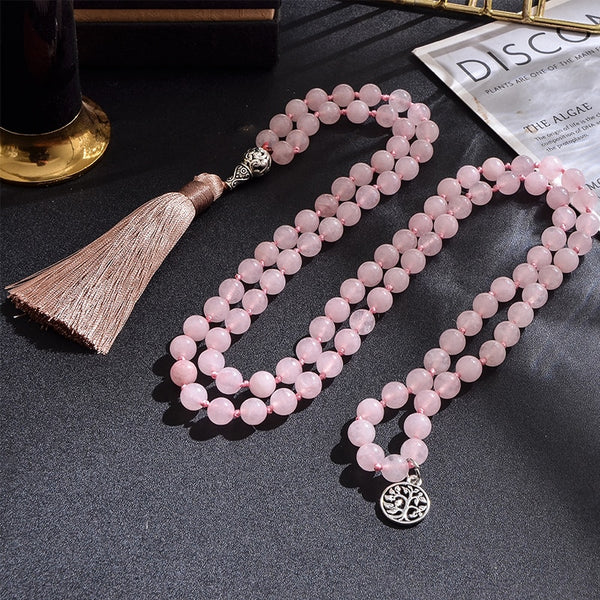 Collar Mala 108 anudado con cuentas de cuarzo rosa de 8 mm