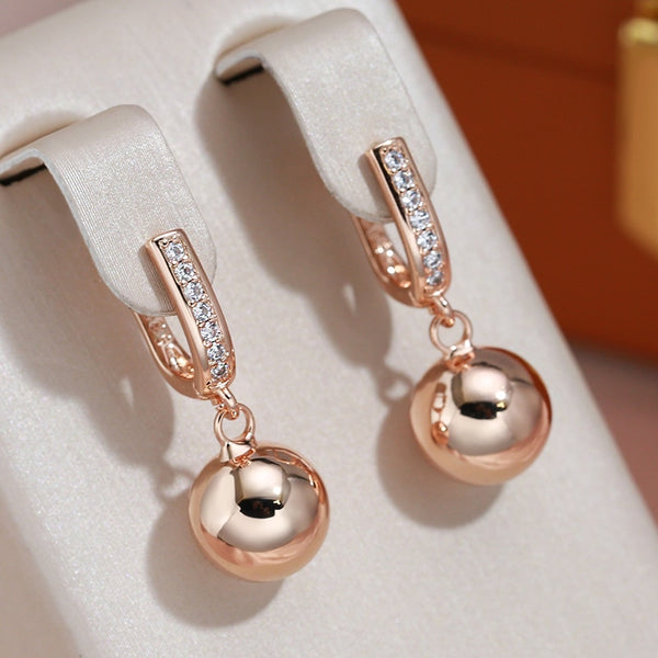 Minimalist Smooth Round Ball 585 Gold Color Pendant Earrings for Women