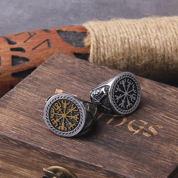 Anillo de hacha vikinga nórdica, joyería de acero inoxidable, anillo con sello de runas y letras de Odín.