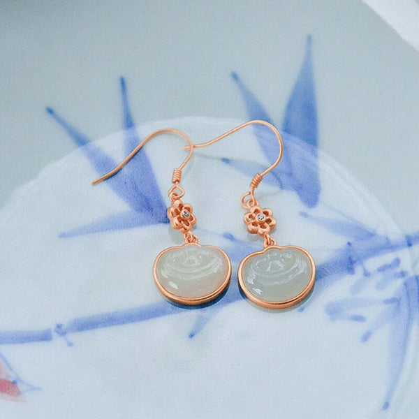 Pendientes geométricos Ruyi de jade blanco hetiano natural para mujer