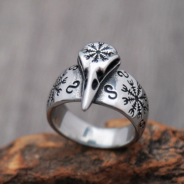Viking Odin Crow Skull Ring For Men Boy 316L Stainless Steel Vintage Viking Helm Of Awe Ring
