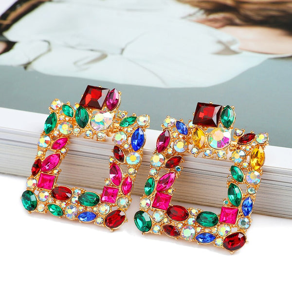 Pendientes colgantes grandes de metal cuadrado vintage con cristales coloridos y huecos para mujer