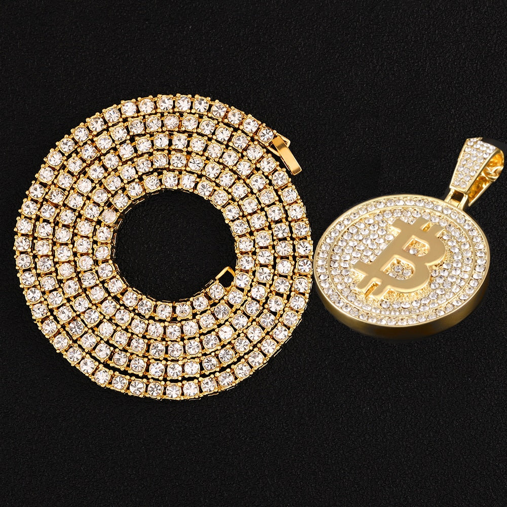 Gold Color Iced Out Round Micro Pave Full Cubic Zircon Big Bitcoin Pendant Necklace Charm