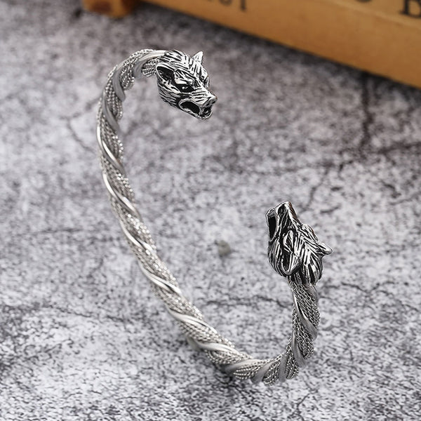 Pulsera vikinga con cabeza de lobo y apertura ajustable, brazalete de serpiente para hombre