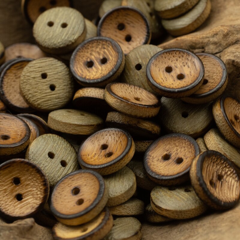 12pcs Bamboo Button Wood Bowl Shape 2 Hole Scorched Natural Original Sewing Accessories