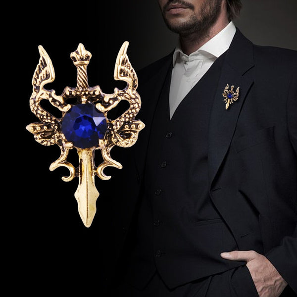 New Vintage Metal Dragon Sword Brooch Pin Animal Rhinestone Lapel Pins Men