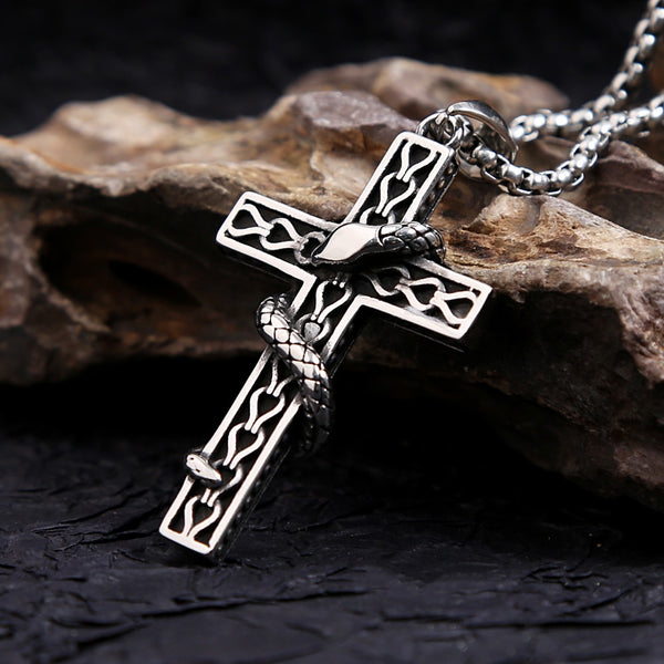 Collar con colgante de serpiente enroscada con crucifixión de moda punk para hombres y mujeres