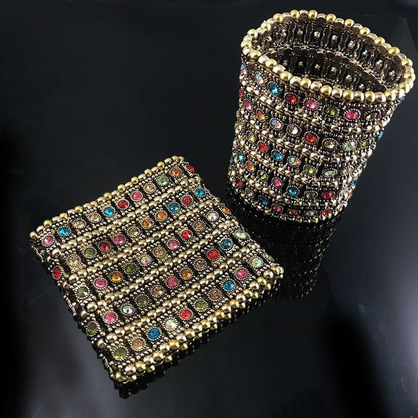 Classic Fashion Elastic Wide Bracelets Retro Punk Exaggerated Five Row Crystal Retractable  Beaded