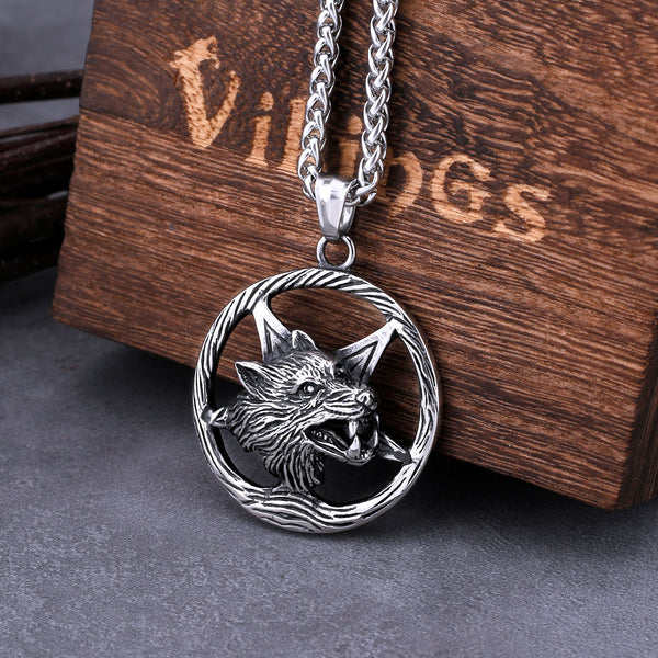 Collar vikingo vintage con pentagrama y cabeza de lobo de Odín para hombre