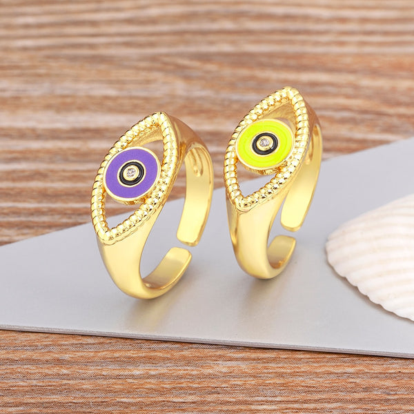 Anillo abierto clásico de ojo malvado con esmalte multicolor y aceite para mujer