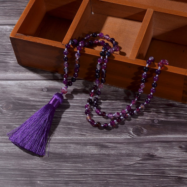 Collar Mala 108 anudado con cuentas de ágata rayada morada de 6 mm