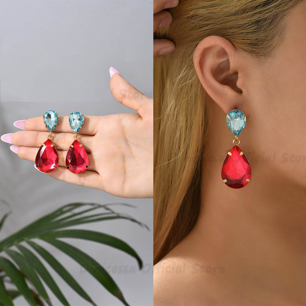 Pendientes colgantes de araña de cristal con forma de gota de agua asimétrica de color coreano para mujer