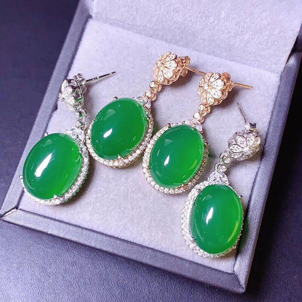 Nuevos pendientes ovalados de jaspe hetiano natural con diamantes para mujer