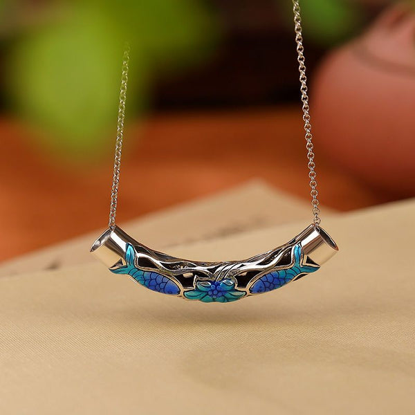 Cloisonne Thai Silver Craft Enamel Ladies Pendant Exquisite Carp Lotus Necklace