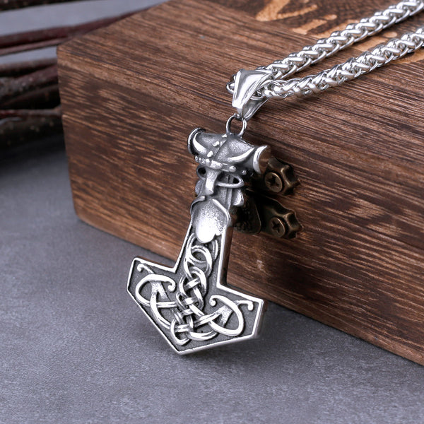 Collar de acero inoxidable con amuleto vintage de Odín y martillo de Thor de vikingos nórdicos para hombre