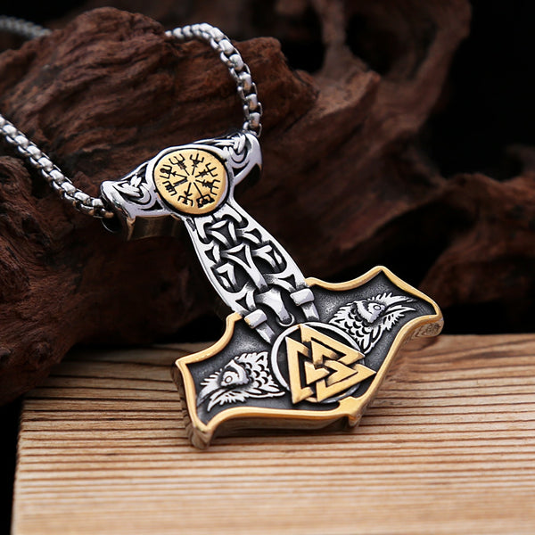 Vintage Double Nordic Compass Eagle Stainless Steel Viking Thor's Hammer Pendant Necklace