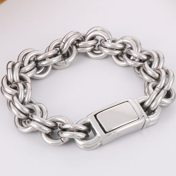 Pulsera de acero inoxidable macizo para hombre, cadena de eslabones trenzada de doble fila de 15 mm.